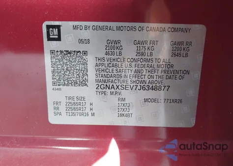 2018 Chevrolet Equinox Lt из США, поврежденный, VIN 2GNAXSEV7J6348877